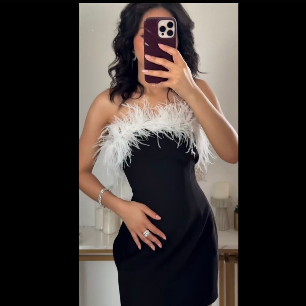 NWT ZARA mini dress with feathers contrast white and black - Picture 6 of 17